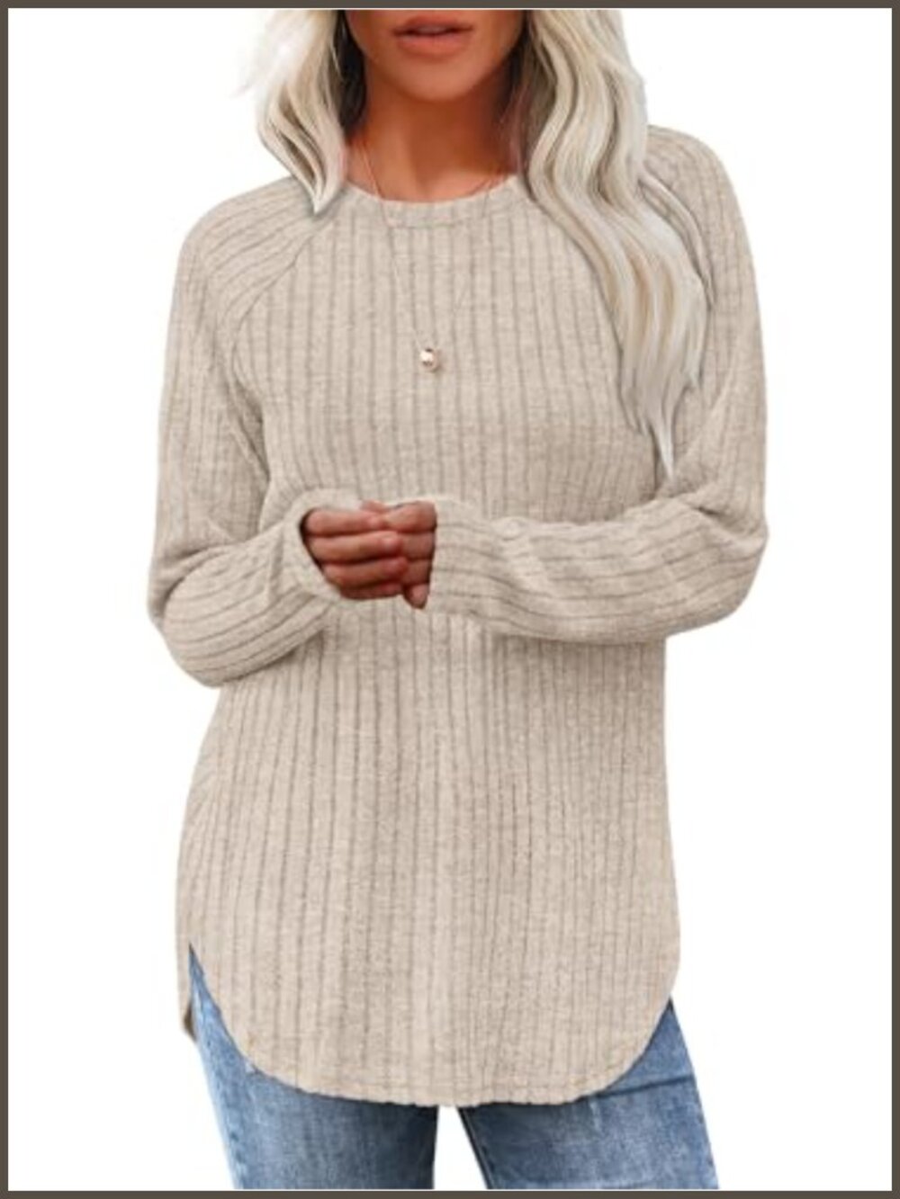 Women's Long Sleeve Tunic Top Loose Fit Crewneck Curved Hem Pullover